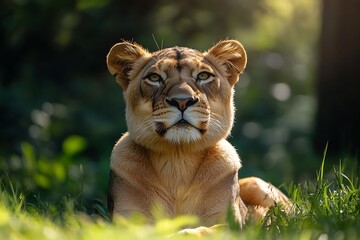 lioness portrait in lush green grassland