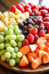 Wall Mural - Fresh and vibrant fruit platter featuring grapes, berries, and melons for summer parties