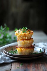 Poster - Delicious homemade macaroni cheese muffins topped with fresh herbs on rustic wooden table setting