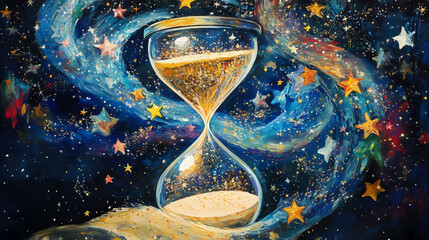 Wall Mural - Whimsical enchanted hourglass painting: sparkling star sands flowing upwards to create new constellations in space. Enchanted. Illustration