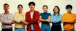© Summit Art Creations - Panoramic banner young asian startup company employee wearing colorful casual wear stand in line and join hand together symbolize creative teamwork, job employment, HR agency recruitment. Synergic
