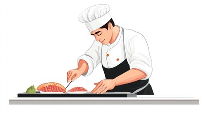 a 2D cartoon illustration of a sushi chef slicing fish, skillful and precise, white background--ar 16:9