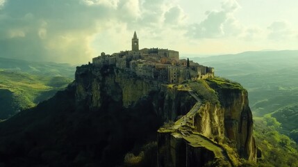 Wall Mural - Aerial view of a medieval hilltop village in Italy surrounded by lush green hills during a dramatic sunset