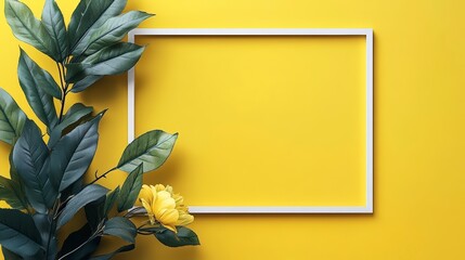 yellow background with green plant leaves and shadows