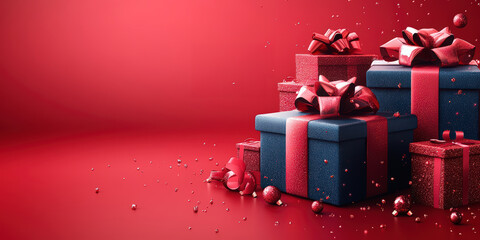 Wall Mural - christmas presents and lights on red background