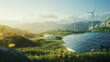 © EmmaStock - Modern renewable energy industry showcasing a hybrid system of solar and wind power in a vast open landscape