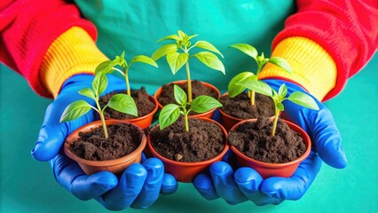 A person holding five small potted plants with fresh soil, showcasing healthy green sprouts and vibrant colors against a clean backdrop.