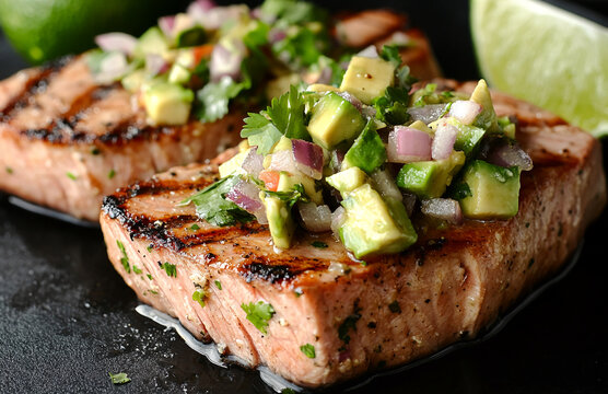 Two grilled tuna steaks are topped with a fresh avocado salsa