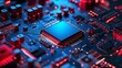 © Minom - Close-up of a circuit board with a microchip, illuminated in blue and red lighting.