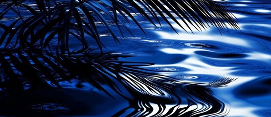 Poster - An image with a silhouette of palm leaves over calm water with gentle ripples on a sunny day is cut out of