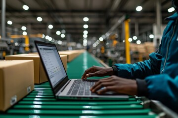 Fototapete - Manufacturing engineers use computers to control automated product inspection machines in modern factories while products are transported on conveyor belts to warehouses.