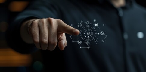 Fototapete - A businessman points to a whiteboard or virtual screen with his hand