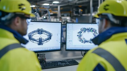 Fototapete - In an Industry 4.0 Modern Factory, the Project Engineer talks with a female operator, who operates a production line using a computer with screens that show that stock and machine learning have
