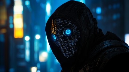 A cyber hacker wearing a digital code mask against an eerie futuristic cityscape