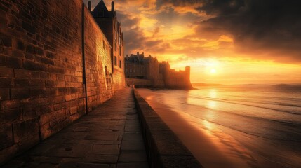 Wall Mural - Stunning sunset view of the Saint-Malo city walls reflecting golden light over the sandy beach and sea in Brittany