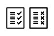 © Charlottstudio - Tick check and cross mark paper form icon set. Performance, achievement, evaluation, checklist concepts. Outlined vector design isolated illustration.