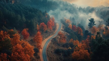 Wall Mural - Autumn landscape with winding road through colorful trees in a serene mountainous area during early morning