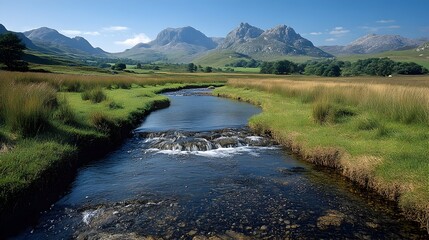 Canvas Print - A breathtaking landscape showcasing a small stream gently flowing through a picturesque valley with towering mountains in the distance and a clear azure sky overhead