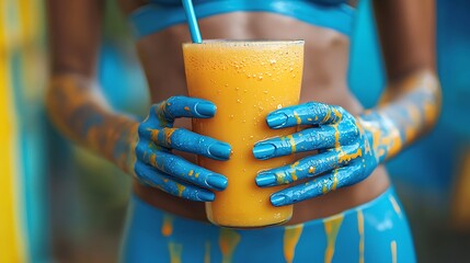 A vibrant image of a person holding a colorful drink, with blue-painted hands and a bright yellow beverage, set against a matching colorful backdrop.