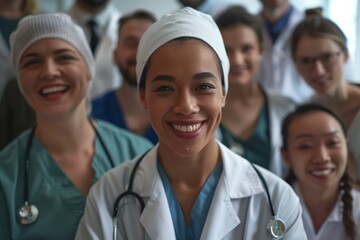 Wall Mural - Happy group photo of diverse healthcare professionals showcasing teamwork and pride in a clinical setting, perfect for a website profile update