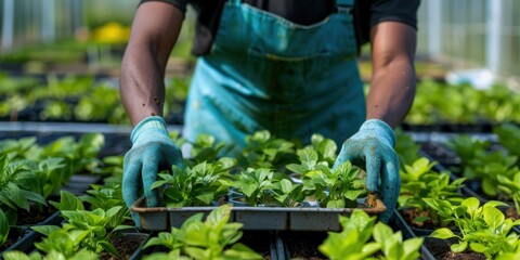 Greenhouse, tray, and individual with plants focused on agriculture and harvesting organic vegetables. Gardening and nurturing ecology for sustainable food growth in a small business