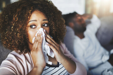 Wall Mural - sick woman, virus and blowing nose with tissue on sofa for allergy, infection or flu and cold togeth