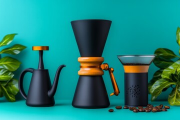 Aufkleber - Minimalist design of coffee brewing tools with clean shapes, set against a soft pastel background