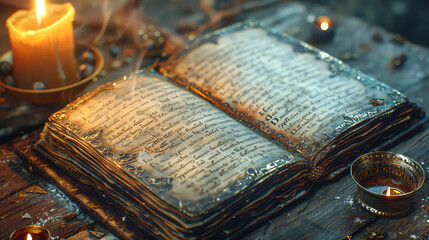 A spellbook open to a page with magical symbols, glowing in the dim light of a candle