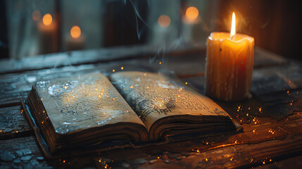 A spellbook open to a page with magical symbols, glowing in the dim light of a candle