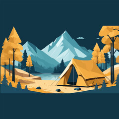 high-quality vector icon of a cozy camping setup with a tent under two symmetrical trees, designed w