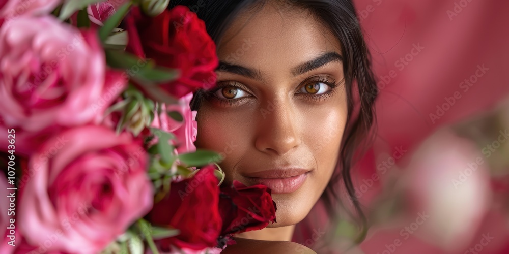Portrait of a young woman smiling with a floral bouquet on a studio ...