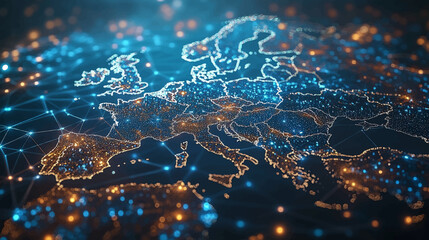 Wall Mural - dynamic digital world map emphasize western europe continental for ai powered global network connect