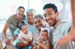 © peopleimages.com - Happy family, portrait and birthday with children for selfie, photography or celebration memory at home. Grandparents, parents and kids with smile for party picture, capture moment or event at house