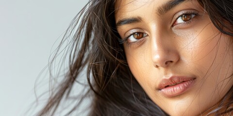 Portrait of a young woman showcasing healthy hair care and natural beauty, with a focus on wellness and glowing skin in a studio setting