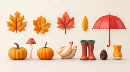 Autumn seasonal clothes and plants 3d vector icons collection. Cute three dimensional yellow and orange plastic objects set isolated on white background.