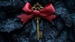 © Butsarakham - A vintage key adorned with a red ribbon is placed on intricate dark fabric, evoking elegance and mystery.