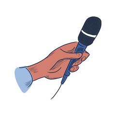Aufkleber - Podcast microphone in flat design. Journalist hand holding mic for record. Vector illustration isolated.