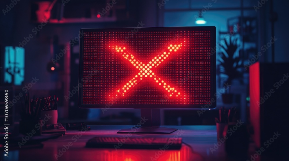 Computer Screen with Red Alert Symbol in a Modern Office Environment ...