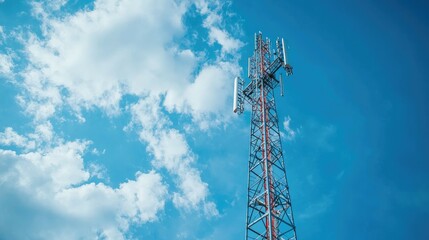 Tall cell phone tower with antennas against blue sky with white clouds.