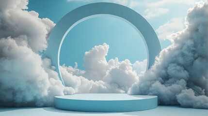 Wall Mural - Cloud background podium blue 3d product sky white display platform render abstract stage pastel scene. Podium stand light minimal cloud background studio dreamy pedestal backdrop smoke geometric.