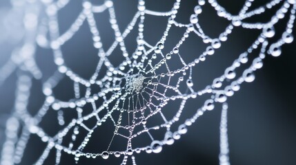 A close-up of a spider web adorned with dew drops, showcasing intricate patterns and nature's beauty.