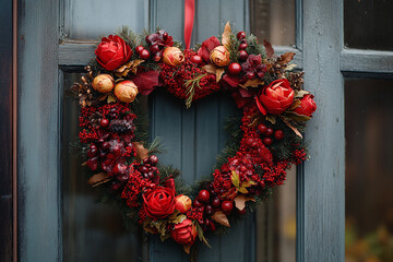 Wall Mural - heart shaped wreath hanging on a door.