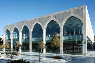 Wall Mural -  modern islamic architectural building with large acres and large pillars with glass facade