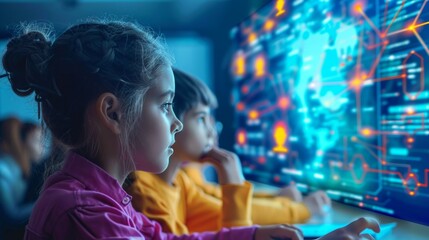 Two kids in a dim room interact with a computer screen showing a vibrant interface. The girl in pink and boy in yellow seem engrossed in coding or digital activities,  