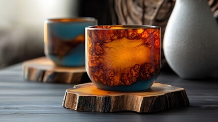 Two cups with blue and brown resin on wooden coasters on a dark table.