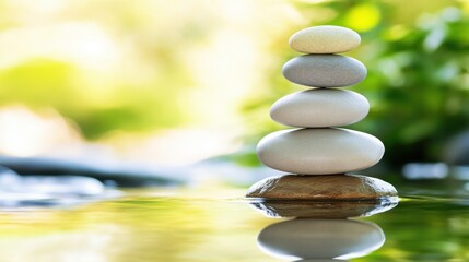 a tranquil river flows gently through a vibrant forest, showcasing a carefully balanced stack of sto
