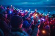 © Azhorov - Crowd celebrating with colorful light displays on a beach during twilight, creating a vibrant atmosphere under cloudy skies. Generative AI