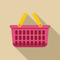 Canvas Print - Empty shopping basket with yellow handles casting a long shadow on a beige background, representing retail, consumerism, and purchasing