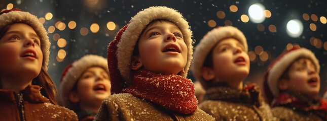 Wall Mural - Children wearing Christmas hats and singing Christmas carols outside at night