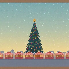 Canvas Print - Christmas card with A medium long shot of a town square with a large Christmas tree and market stalls, focusing from the stalls to the tree, in vector style with focus pull